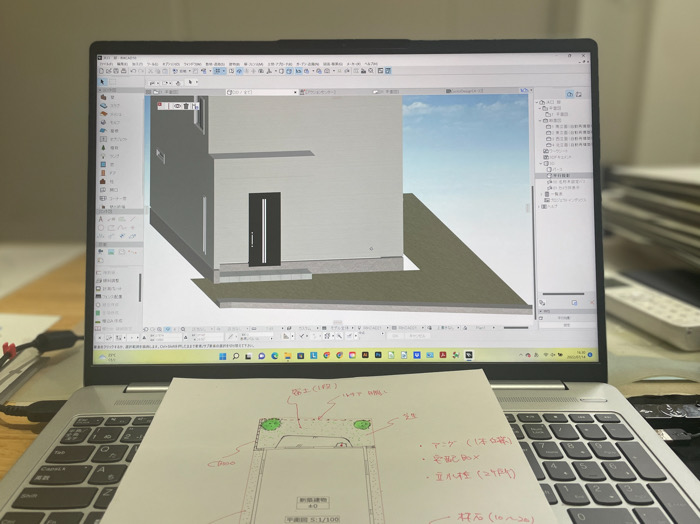 建物の入力が終了しエクステリアの入力がスタート