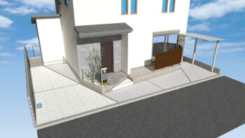 守口市に外構完成イメージパースです都会の敷地の端まで活用できるオープンエクステリアになっています