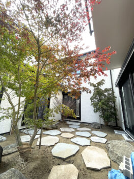 植木や植栽とのバランスを考えながらの施工をしています。石貼りも落ち着いたバランスで配置できました椛の気が美しい季節です