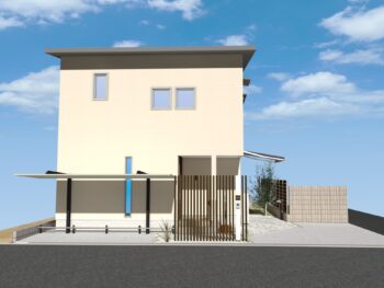 大阪市内のエクステリアカーポートSCのついたシンプルでスタイリッシュなエクステリアになっていますインターホンのある門柱も縦格子の目隠しもオリジナルで製作します