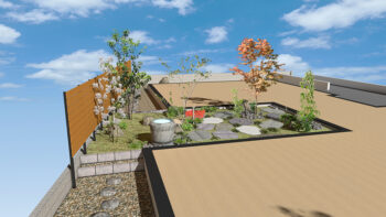 建物のまわりに比べてお庭が階段2段分高く設計されています。これはまわりで鋤とった余った土も利用していますのでコストにも有効です窓からお庭へ降りやすくスムーズな出入りを促す高さにするための工夫です