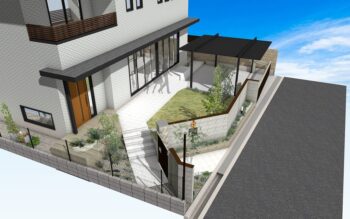 外構完成のイメージパースはこちらを提案しました。ブロックとオーバーゲートに囲まれたクローズド外構のデザイン。ガレージタイルデッキ階段アプローチそして芝生のお庭が見えています